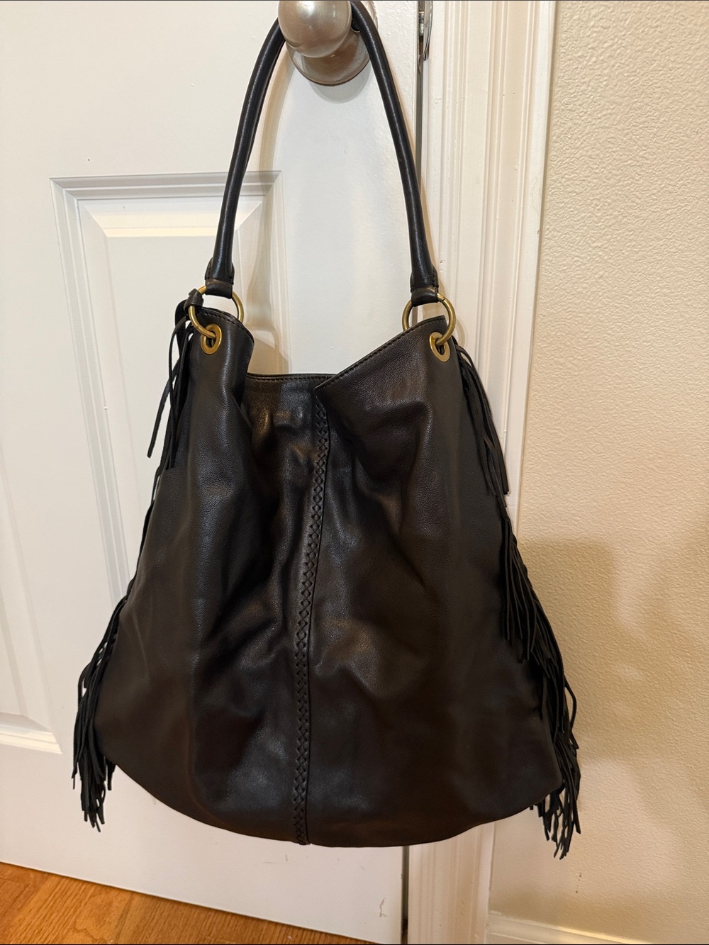 Badgley Mischka Black Leather Fringe Hobo